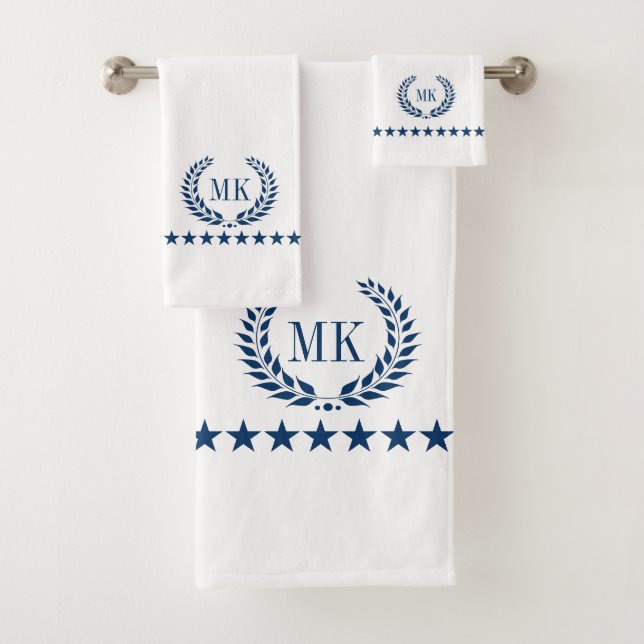 Navy Blue White Laurel Wreath Monogram Bath Towel Set (Insitu)