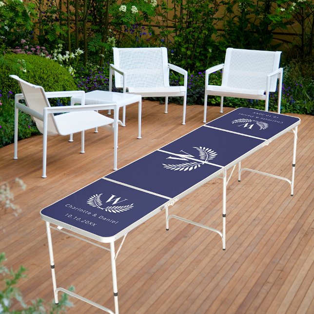 Navy blue white laurel wreath monogram wedding beer pong table (Creator Uploaded)