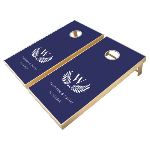 Navy blue white laurel wreath monogram wedding cornhole set