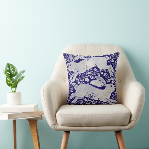 Navy Blue White Leaping Rabbit Hare Chinoiserie Throw Pillow