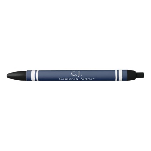 Navy Blue White Lines Monogrammed Black Ink Pen