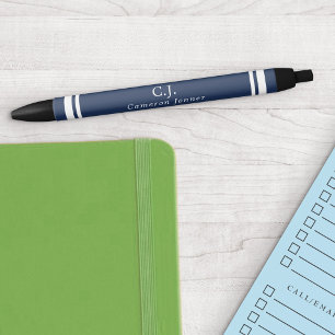 Navy Blue White Lines Monogrammed Pen