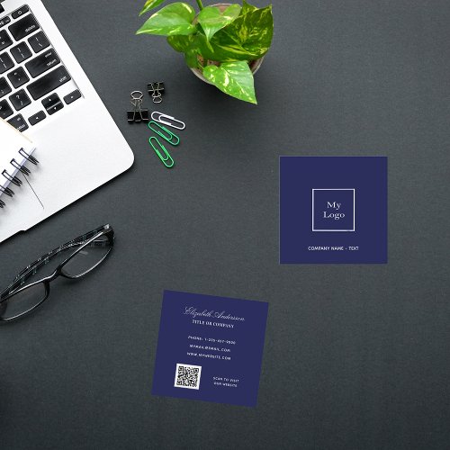 Navy blue white logo QR code elegant Square Business Card