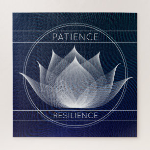 Navy Blue & White Lotus Patience Resilience Floral Jigsaw Puzzle