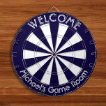 Navy Blue White Man Cave Pub Game Night Dorm Room Dart Board<br><div class="desc">Create your own custom, personalized, fun, cool, stylish, navy blue and white color, white font / typography / script / text, regulation size (18"diameter, 1"h) aluminum frame metal cage dart board. Comes with 6 brass darts (3 American flag dart flights and 3 UK dart flights). You may mount it anywhere...</div>