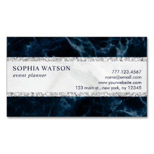 Navy Blue White Marble Business Card Magnet
