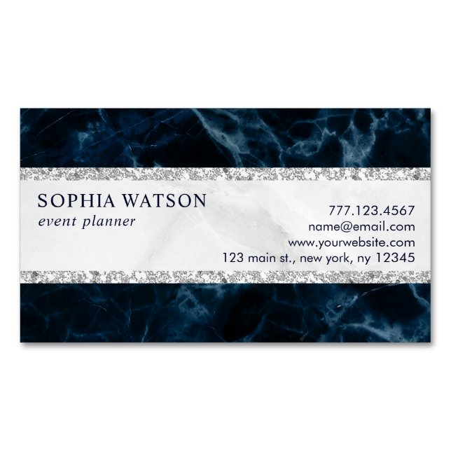 Navy Blue White Marble Business Card Magnet (Front)