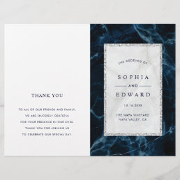 Navy Blue White Marble Folded Wedding Program