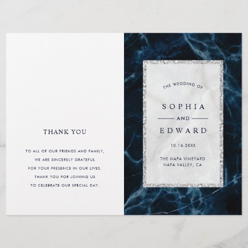 Navy Blue White Marble Folded Wedding Program