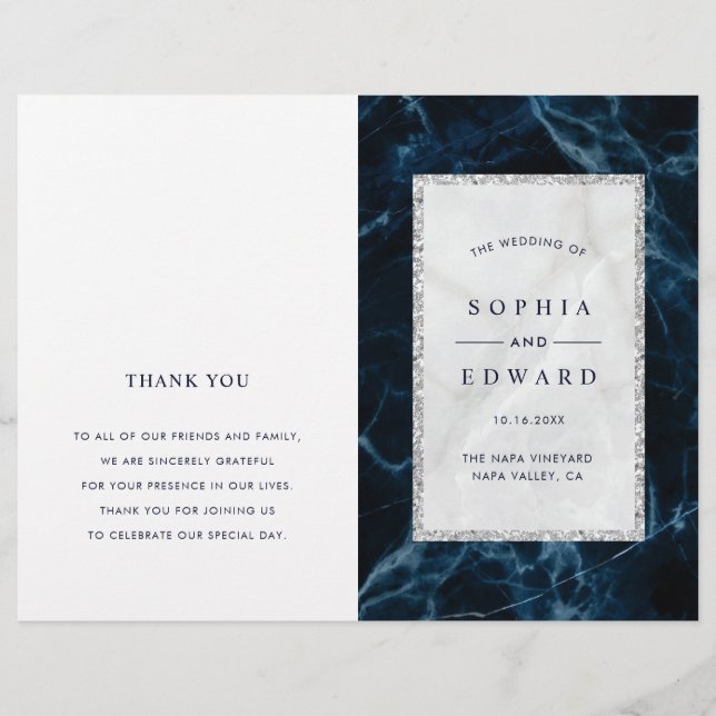 Navy Blue White Marble Folded Wedding Program (Front)