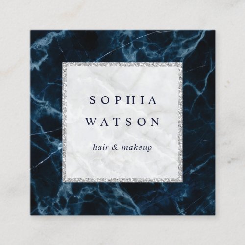Navy Blue White Marble Square Business Card