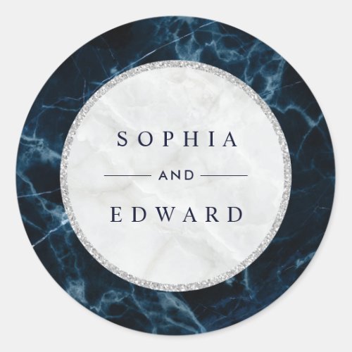 Navy Blue White Marble Wedding Classic Round Sticker