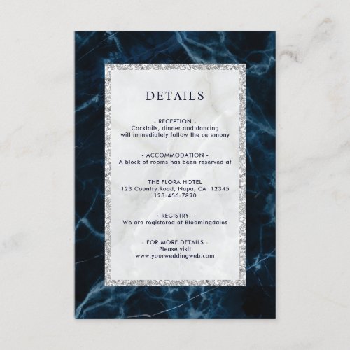Navy Blue White Marble Wedding Details Enclosure Card