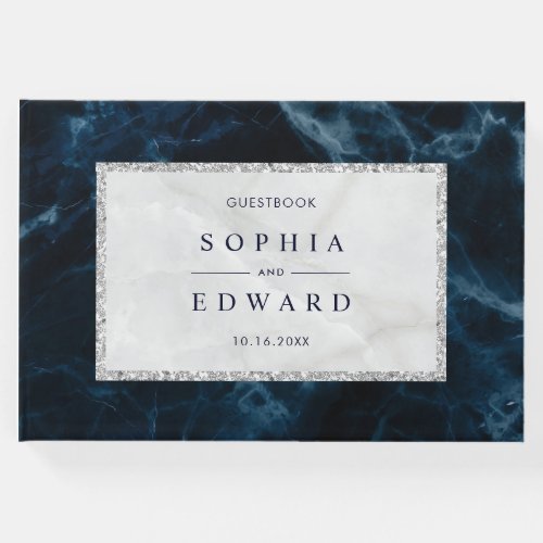 Navy Blue White Marble Wedding Guest Book