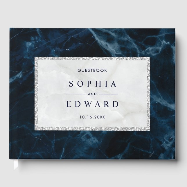 Navy Blue White Marble Wedding Guest Book (Front)