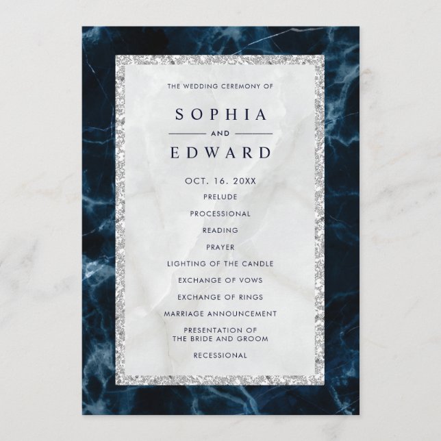 Navy Blue White Marble Wedding Program (Front)