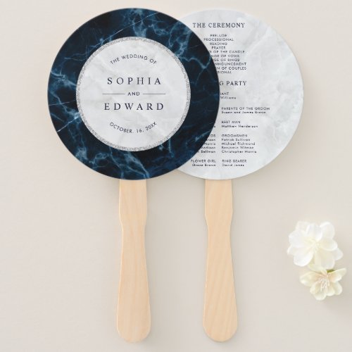 Navy Blue White Marble Wedding Program Hand Fan