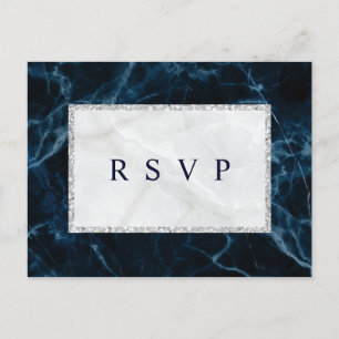 Navy Blue White Marble Wedding RSVP Invitation Postcard