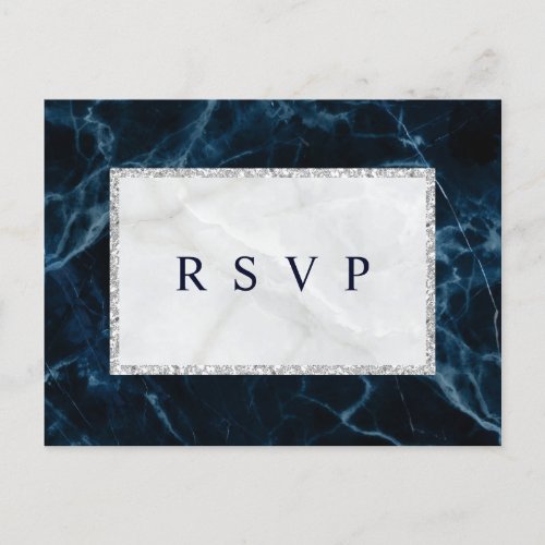 Navy Blue White Marble Wedding RSVP Invitation Postcard