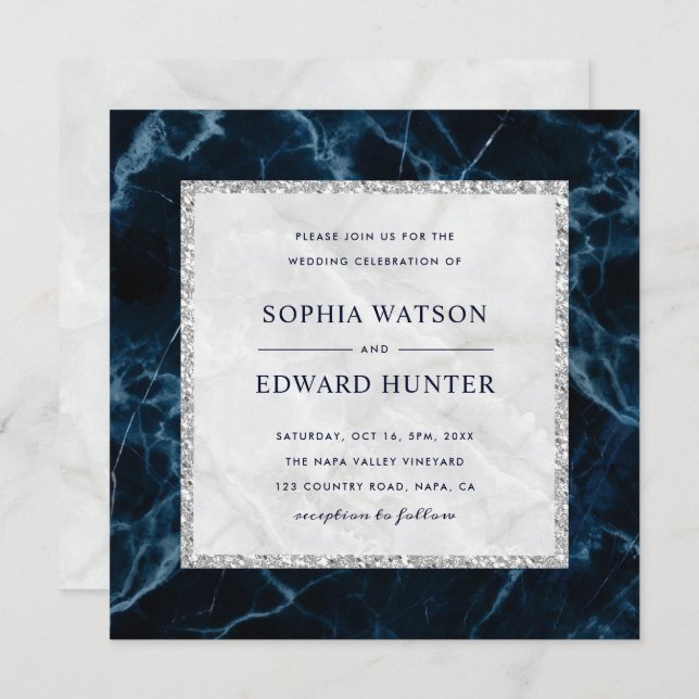 Navy Blue White Marble Wedding Square Invitation (Front/Back)