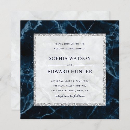 Navy Blue White Marble Wedding Square Invitation