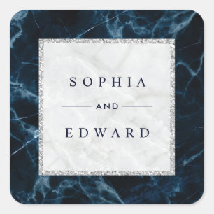 Navy Blue White Marble Wedding Square Sticker