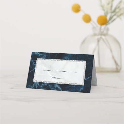 Navy Blue White Marble Wedding Table Place Card