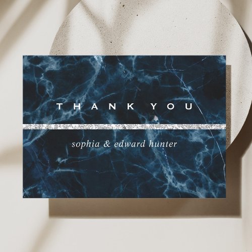 Navy Blue White Marble Wedding Thank You Card