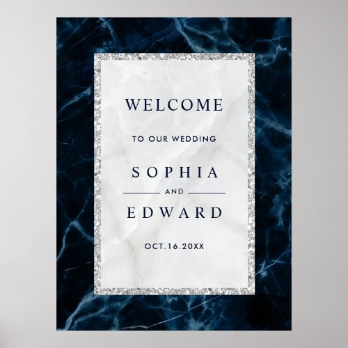 Navy Blue White Marble Wedding Welcome Sign