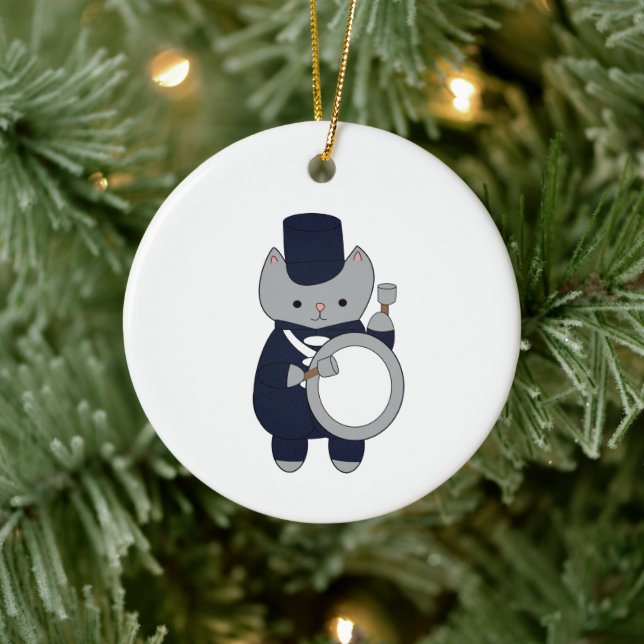 Navy Blue White Marching Band Drummer Cat Ceramic Ornament (Tree)