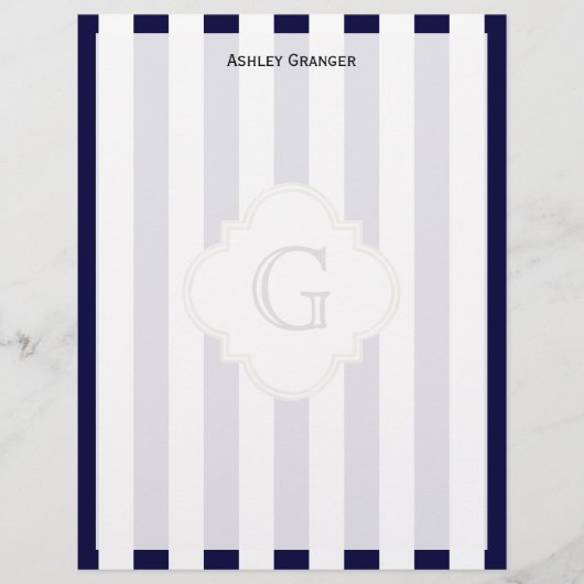 Navy Blue White Medium Stripe White Monogram Label (Front)