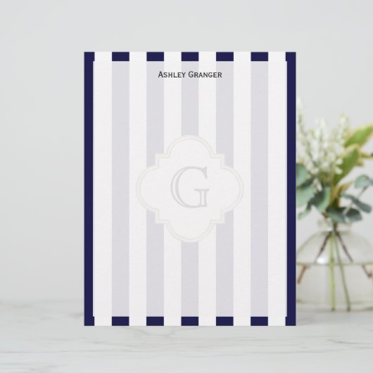 Navy Blue White Medium Stripe White Monogram Label (Standing Front)