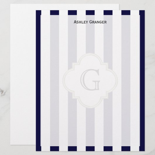 Navy Blue White Medium Stripe White Monogram Label (Front/Back)