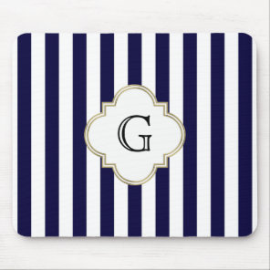 Navy Blue White Medium Stripe White Monogram Label Mouse Pad