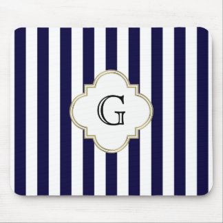 Navy Blue White Medium Stripe White Monogram Label Mouse Pad