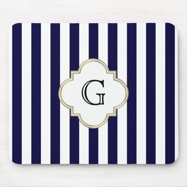 Navy Blue White Medium Stripe White Monogram Label Mouse Pad (Front)