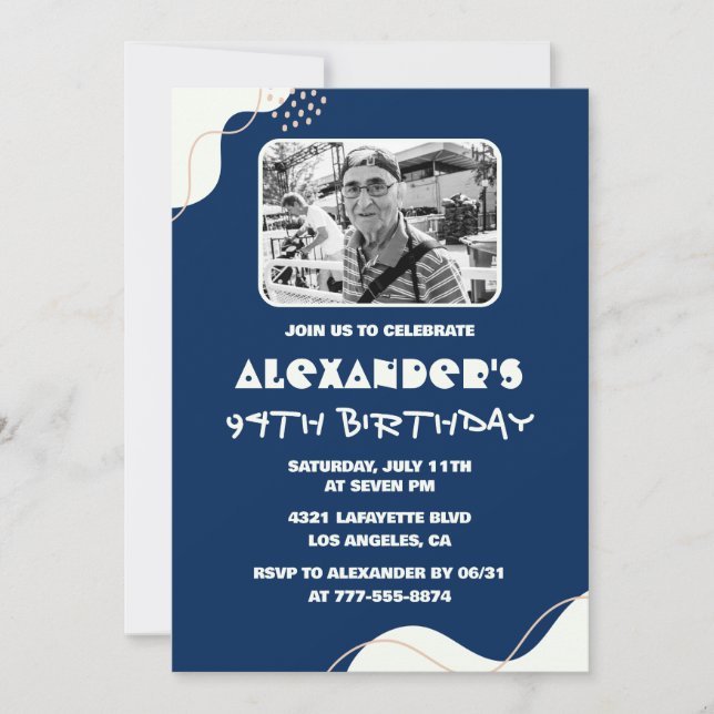 Navy Blue White Men Photo 94th birthday Invitation (Front)