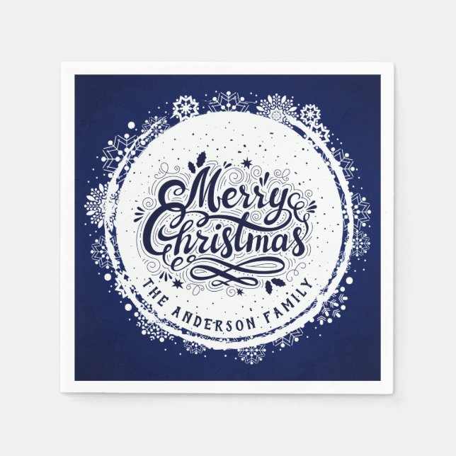 Navy Blue & White Minimal Elegant Merry Chirtsmas Napkins (Front)