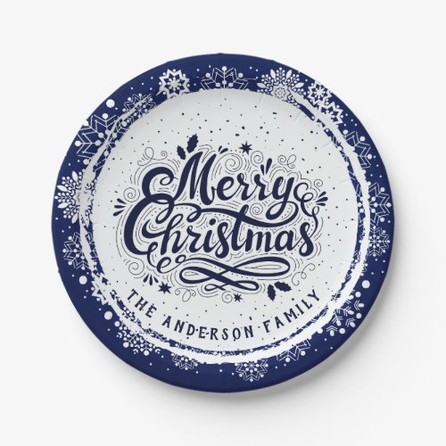 Navy Blue  White Minimal Elegant Merry Christmas Paper Plates