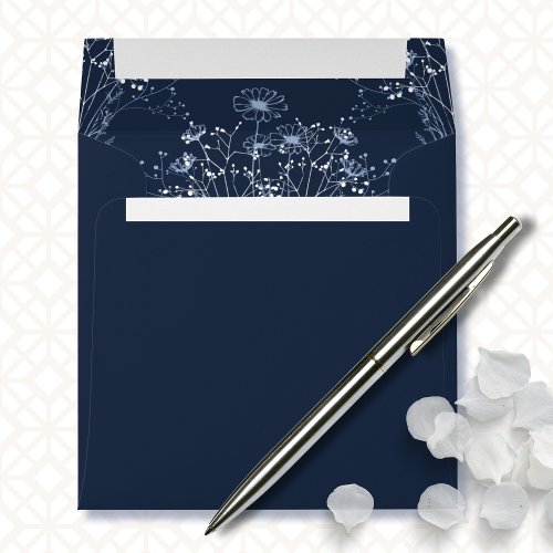 Navy Blue White Minimal Floral Botanical Wedding Envelope