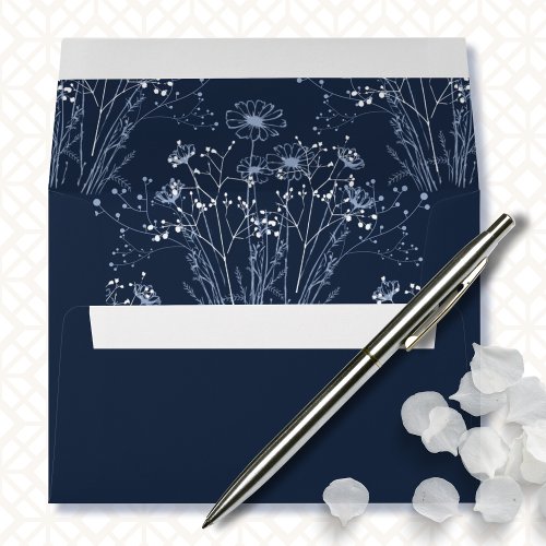 Navy Blue White Minimal Floral Wildflower Wedding  Envelope