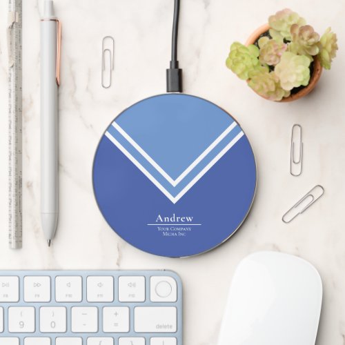 Navy Blue White Minimal Monogram  Company Name Wireless Charger