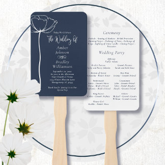 Navy Blue White Minimal Simple Floral Program Hand Fan