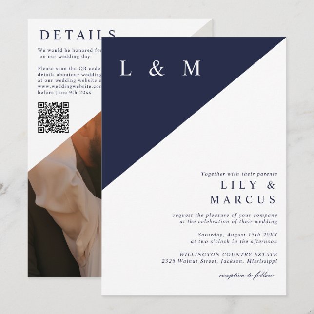 Navy Blue White Minimalist Wedding Photo QR Code Invitation (Front/Back)
