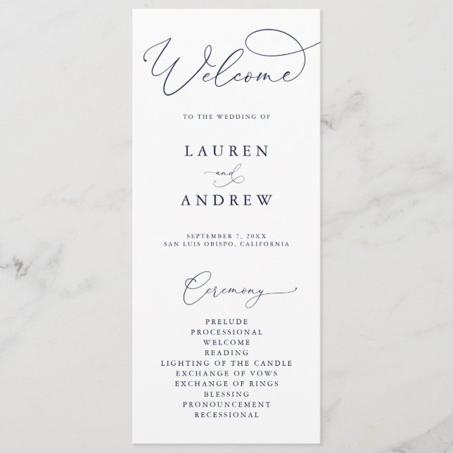 Navy Blue & White Minimalist Wedding Program (Front)