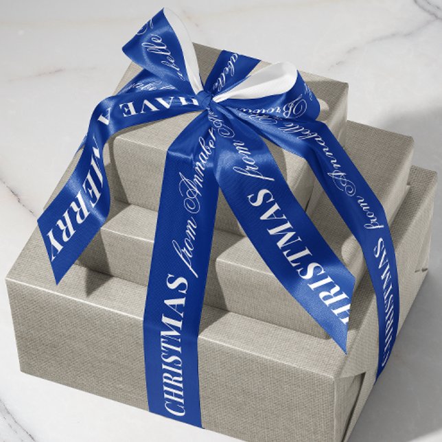 Navy Blue White Mixed Font Merry Christmas Gift Satin Ribbon (cobalt blue personalized name Merry Christmas gift wrapping satin ribbon)