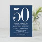 Navy Blue White Modern Adult Birthday Invitations (Standing Front)