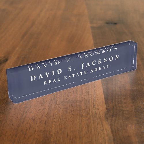 Navy Blue White Modern Elegant Professional Classy Desk Name Plate