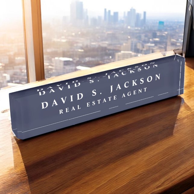 Navy Blue White Modern Elegant Professional Classy Desk Name Plate (Creator Uploaded)
