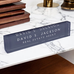 Navy Blue White Modern Elegant Professional Classy Desk Name Plate